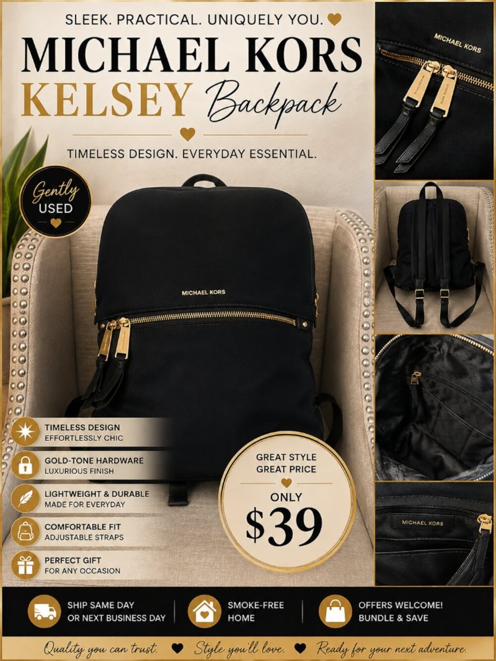 Michael Kors Kelsey Navy Backpack | Gold Hardware | Lightweight Travel Bag